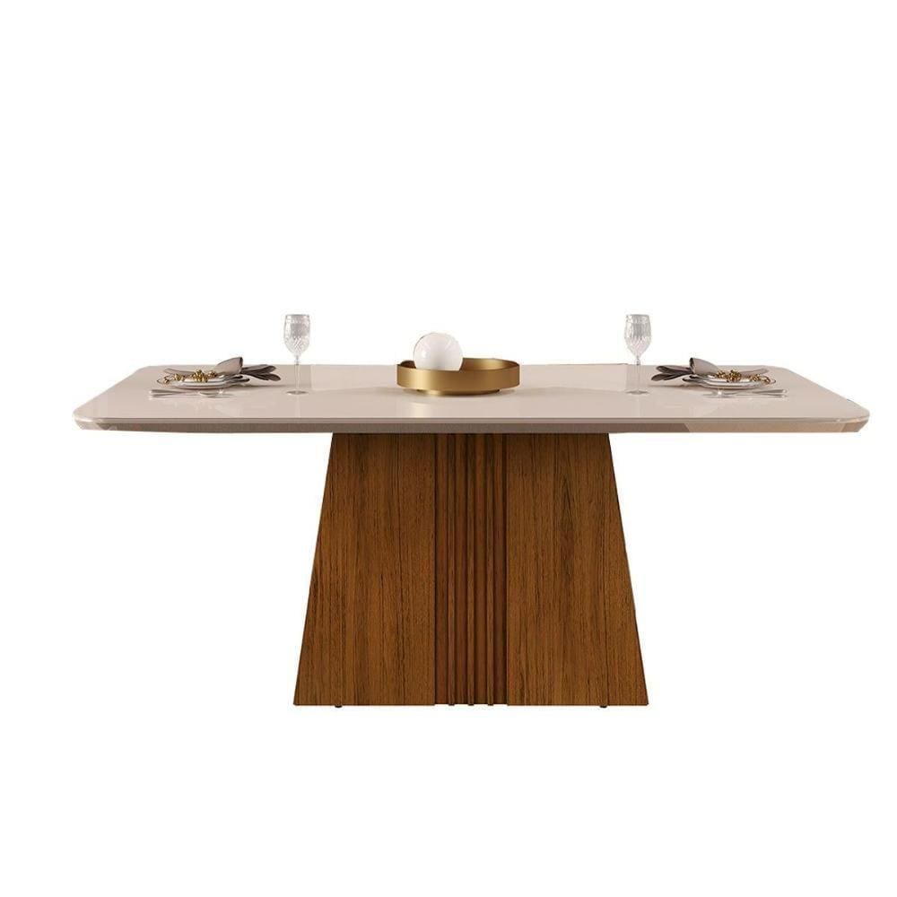Mesa de Sala Jantar Italia + Tampo Madeirado Vidro 170x90cm Freijó/Off White - DJ Móveis