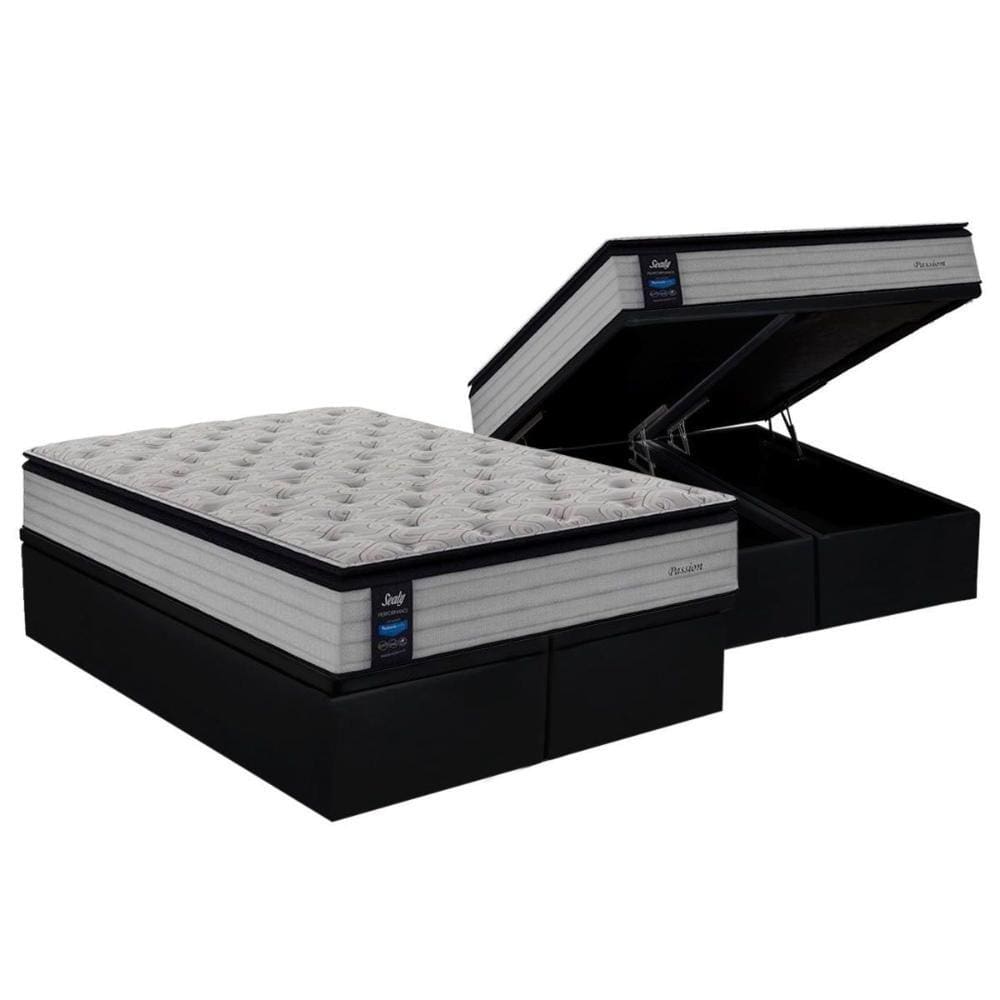 Cama Box Baú Queen: Colchão Molas Ensacadas Sealy MasterPocket Passion + Base CRC Suede Black(158x198)