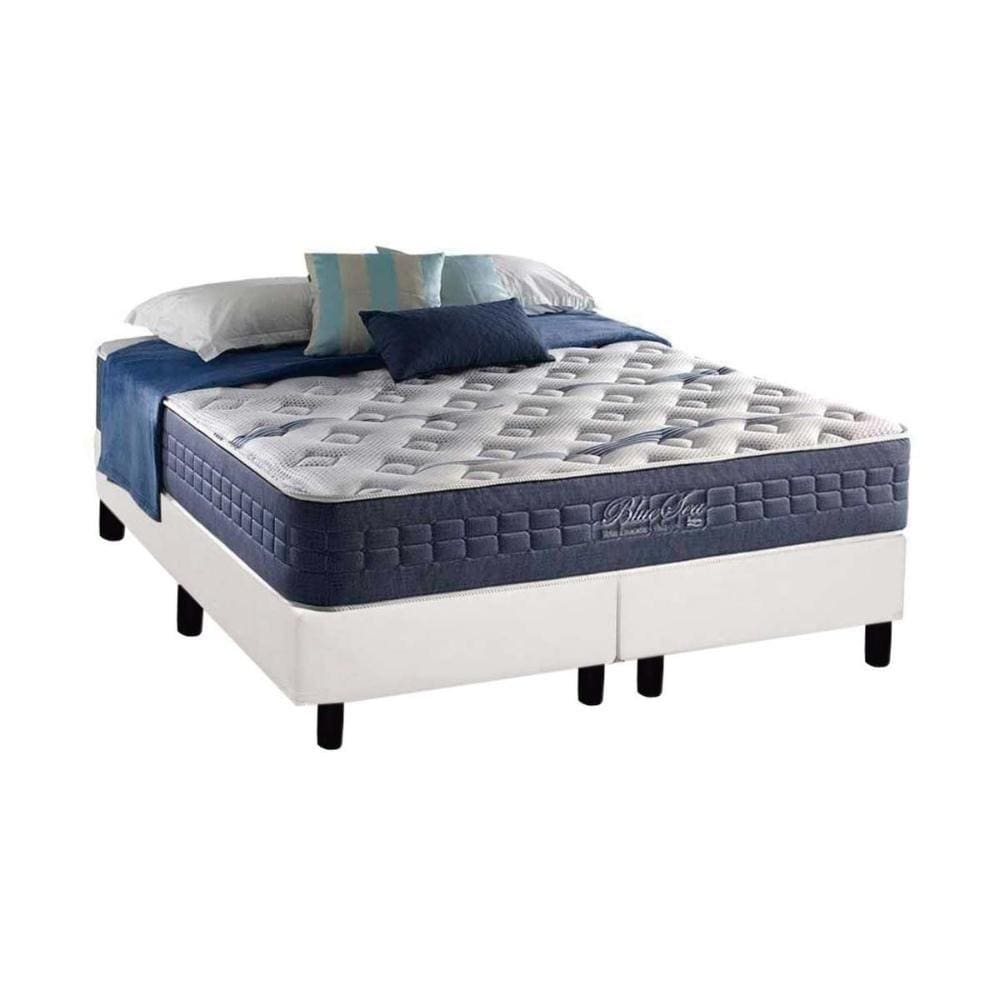 Cama Box Queen: Colchão Molas Anjos MasterPocket Ensacadas Blue Sea + Base CRC Courano Branco(158x198)