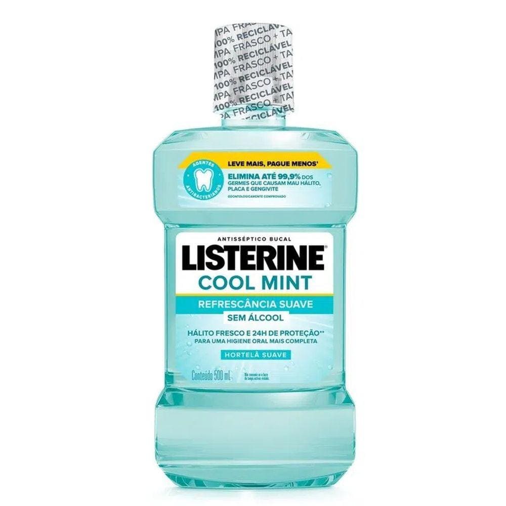 Enxaguante Antisséptico Bucal Listerine Cool Mint Zero Álcool Hortelã com 500ml Refrescância Suave