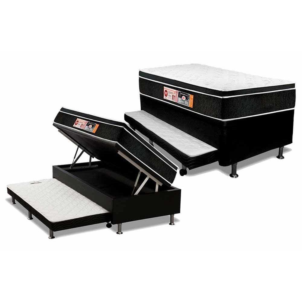 Cama Box Baú c/Auxiliar Solteiro: Colchão Espuma Castor D33 Black e White + Base CRC Courano Black(88x188)