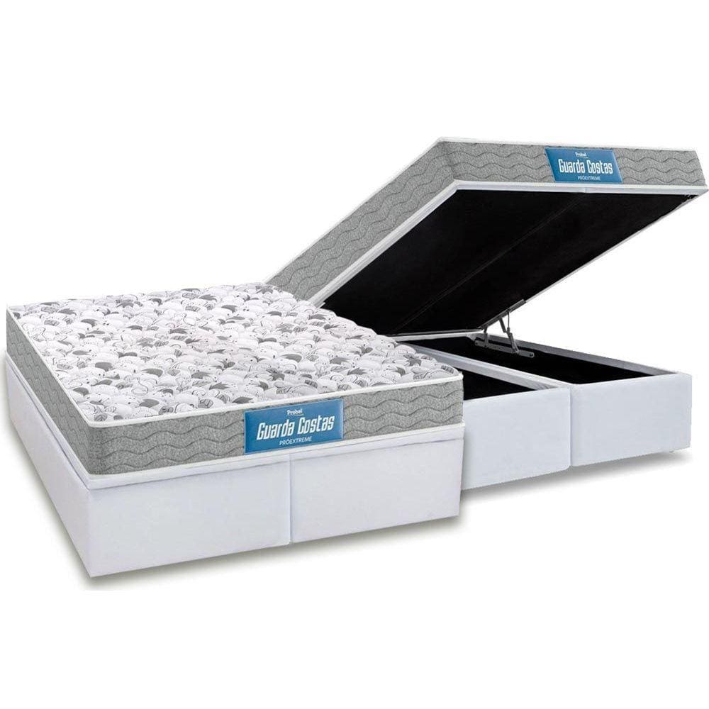 Cama Box Baú Queen: Colchão Ortopédico Probel D45 / EP Guarda Costas PróExtreme Plus Double Face + Base CRC Courano White(158x198)