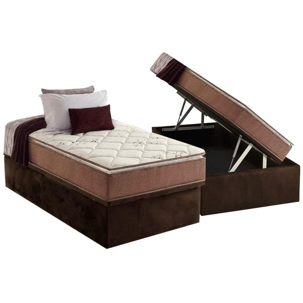 Cama Box Baú Solteiro: Colchão Anatômico Anjos D28 / AG65 Star Pillow Top + Base CRC Suede Brown(88x188)