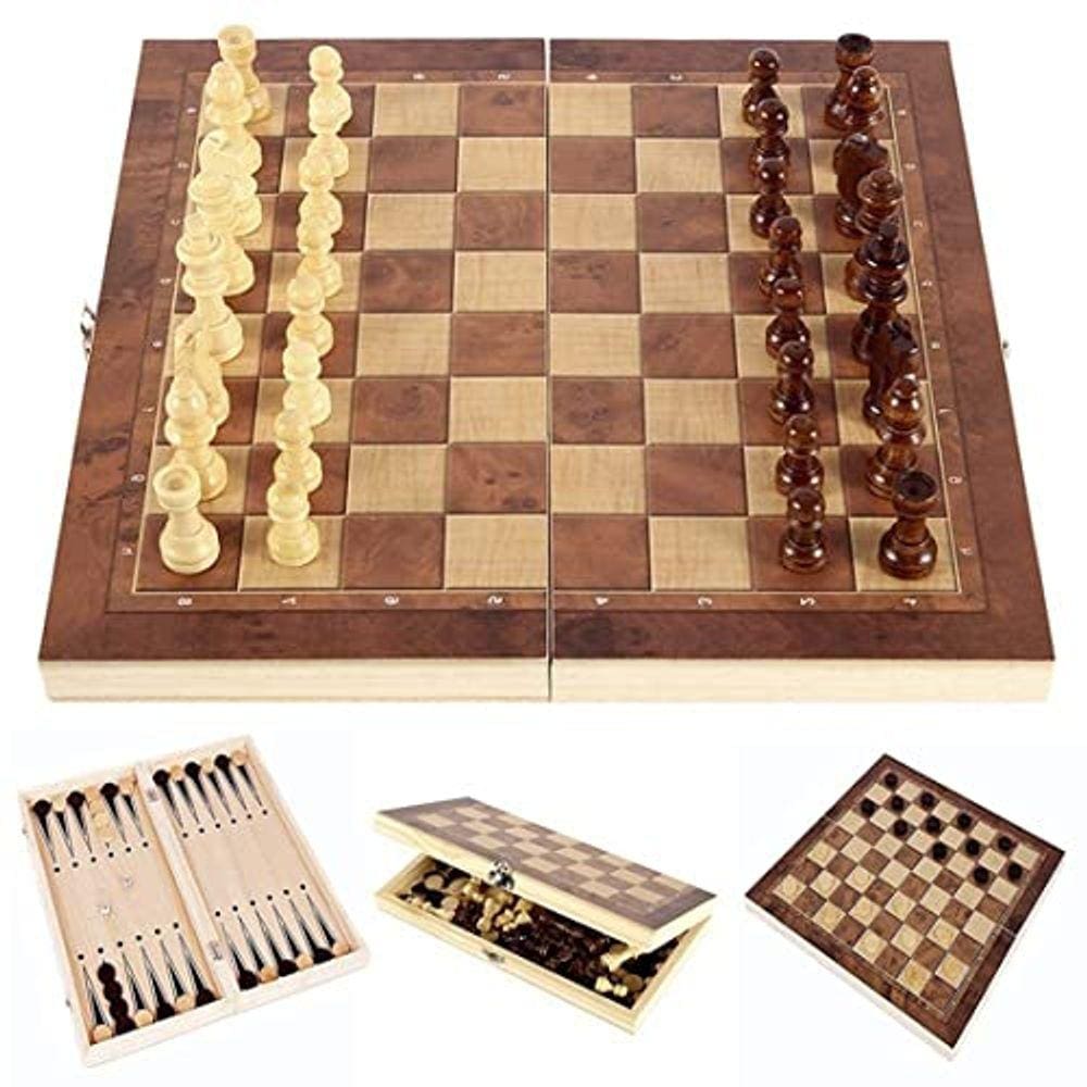Conjunto de xadrez, jogos de tabuleiro de xadrez de madeira de armazenamento dobrável, 3 em 1 jogo de tabuleiro de xadrez para adultos e crianças (xad