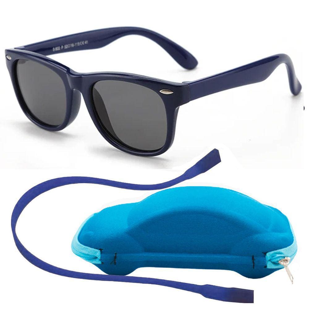 Óculos de Sol Flexível Infantil + Case Carrinho + Cordão Silicone Marinho Fosco