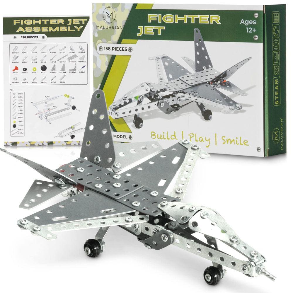 Conjunto de montagem Fighter Jet MALUVRIAN Metal para crianças de 8 a 18 anos