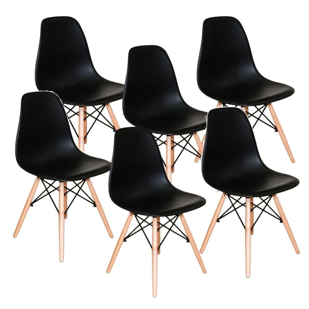 Kit 6 Cadeiras Eiffel Eames DSW Preta Base Madeira