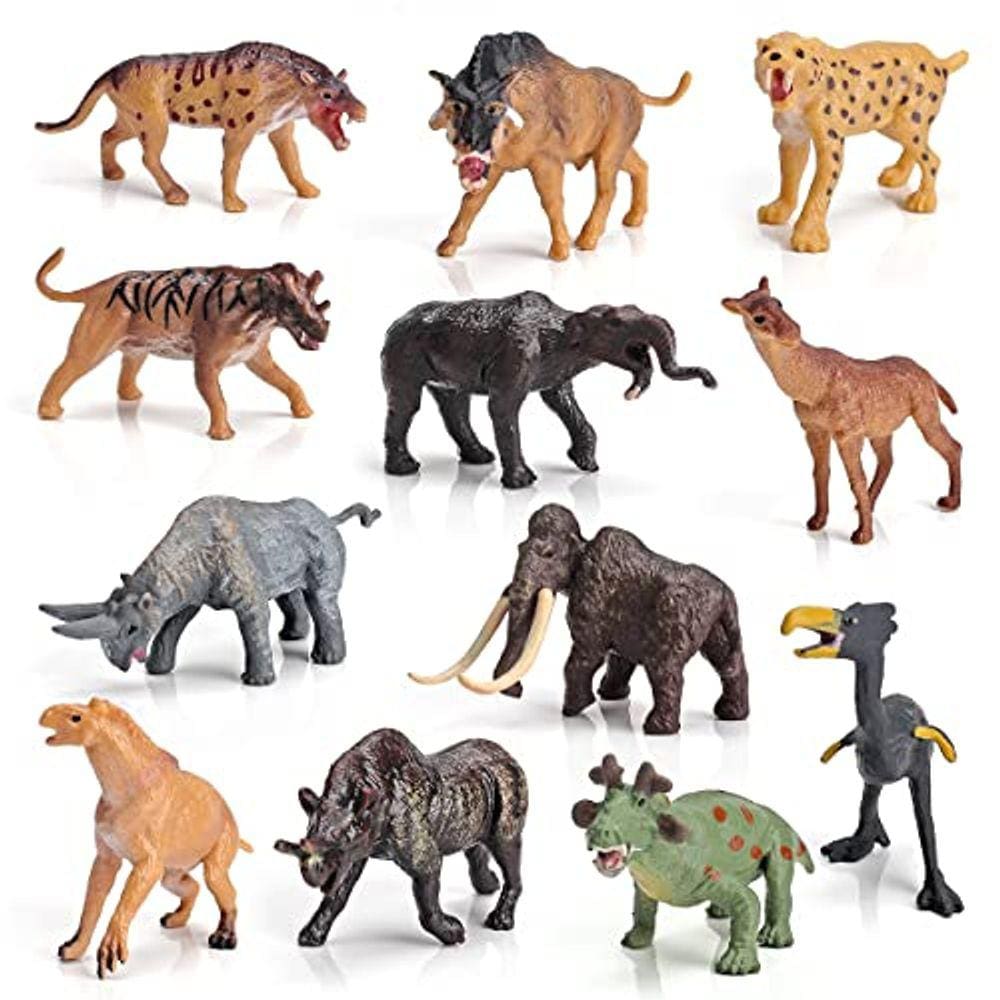 Mini Mamíferos Pré-históricos Animais Brinquedos Set 12PCS Animal Figuras Vida Selvagem Estatuetas Mamute Lanoso Dente de Sabre Tigre Modelo Dire Wolf