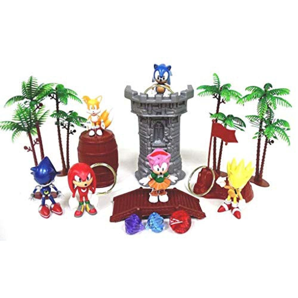 Conjunto de peças do Sonic 18 com figuras e acessórios aleatórios do Sonic - pode incluir Super Sonic, Amy Rose, Miles, Tails Prower, Sonic, Metal Son