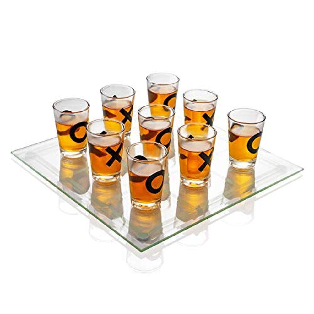 Maxam Shot Glass Tic Tac Toe Set - 9 atiradores de álcool com marcas X e O, tabuleiro de jogo de vidro transparente