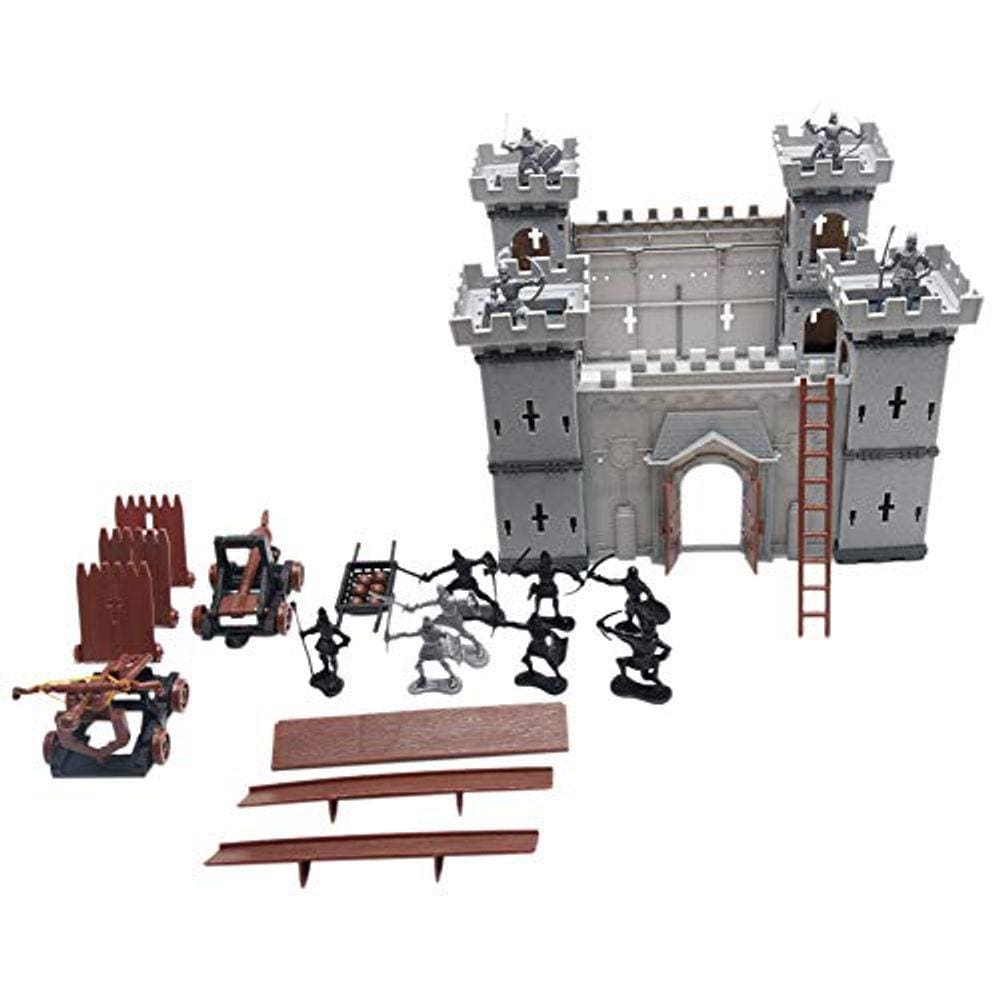 PXRJE Cavaleiros do Castelo Medieval Action Figure Toy Army Playset com Castelo de Montar, Catapulta e Carruagem Puxada a Cavalo Grande Presente para