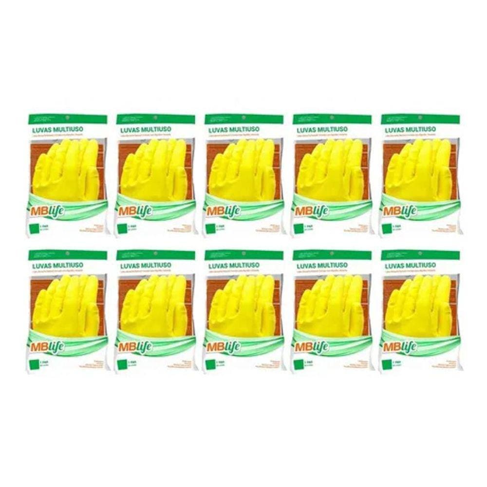 10 Pares Luva Multiuso Látex Amarela Limpeza Resistente