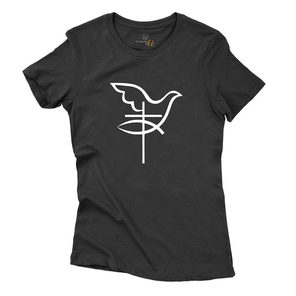 Camiseta Feminina Algodao Estampa Pomba da Paz Cruz Gola Redonda Basica Igreja Catolica