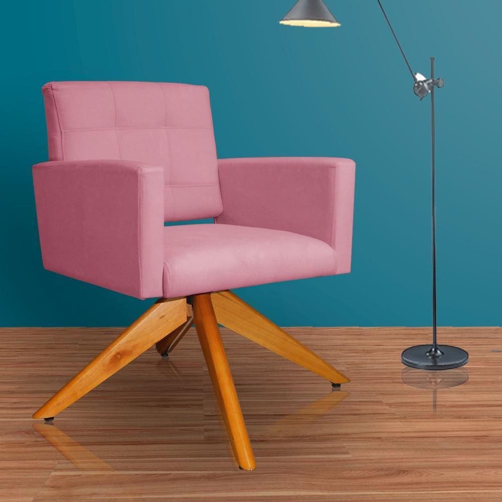 Poltrona Estofada Base Giratoria Madeira Camila Suede Rosa - LM DECOR