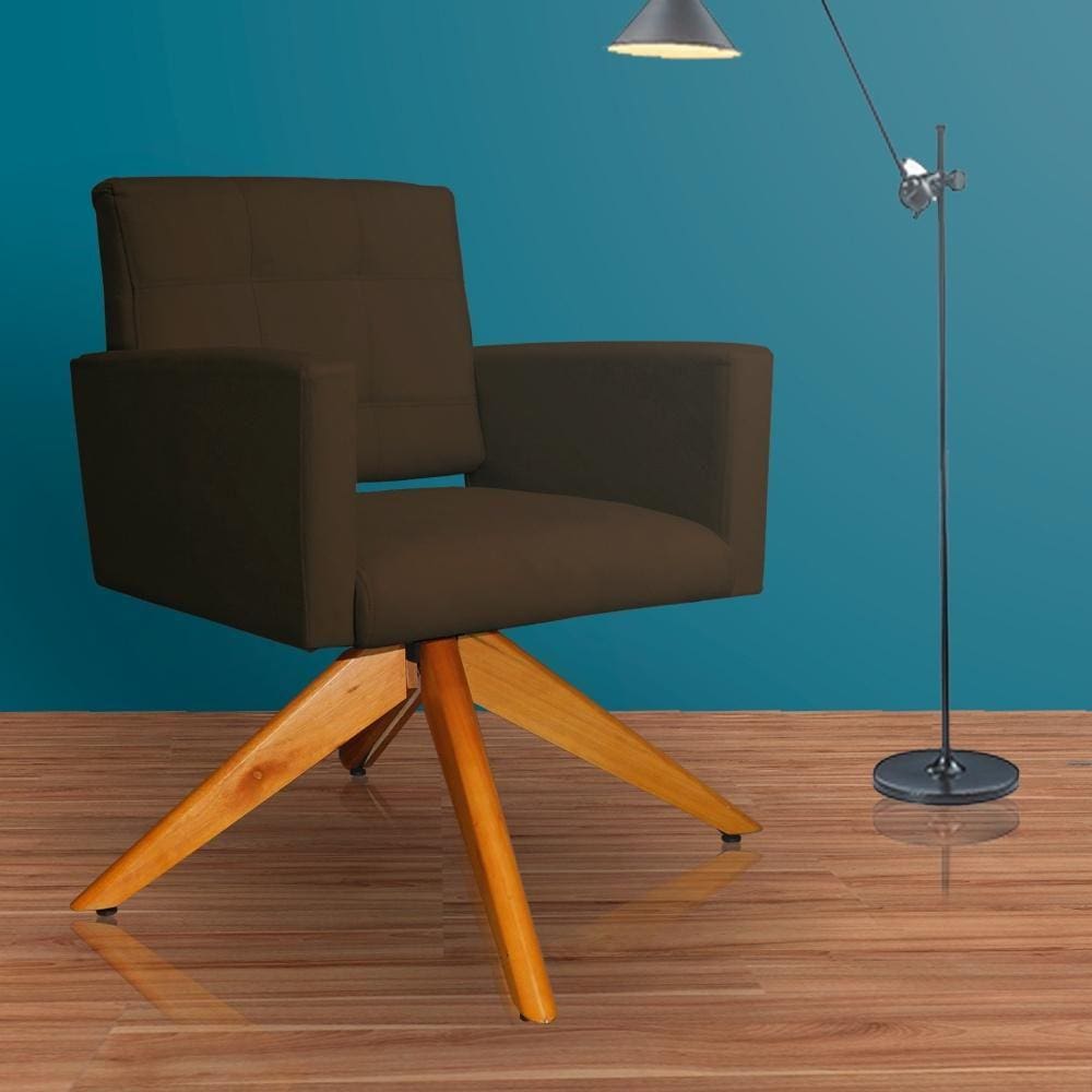 Poltrona Estofada Base Giratoria Madeira Camila Suede Marrom - LM DECOR