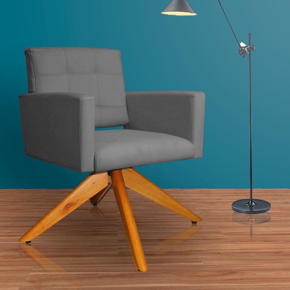Poltrona Estofada Base Giratoria Madeira Camila Suede Cinza - LM DECOR