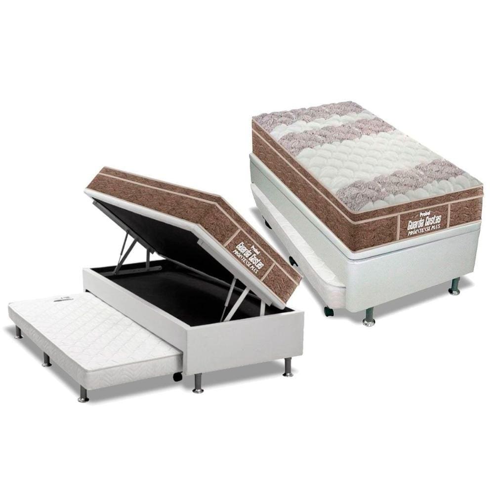Cama Box Baú c/Auxiliar Solteiro: Colchão Espuma Probel D33 / EP Guarda Costas PróIntense Plus Euro Pillow + Base CRC Courano White(88x188)