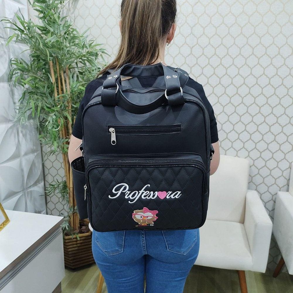 Bolsa/Mochila Personalizada para Professora Preto/Brilho Preto - Coutre Bolsas