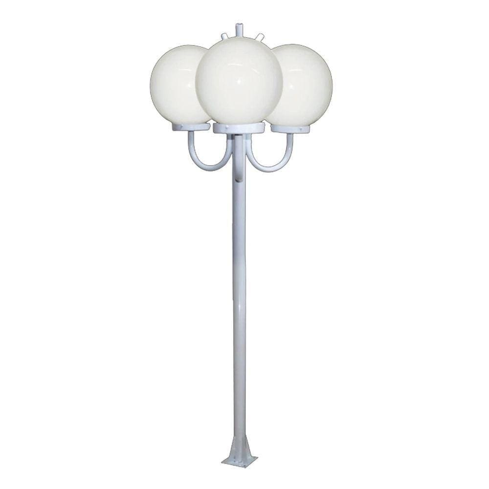 Poste Luminária Globo G Triplo Braço Curvo Cima Branco 300cm