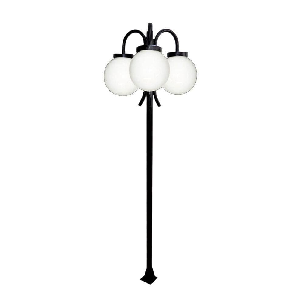 Poste Luminária Globo P Triplo Braço Curvo Baixo Preto 300cm
