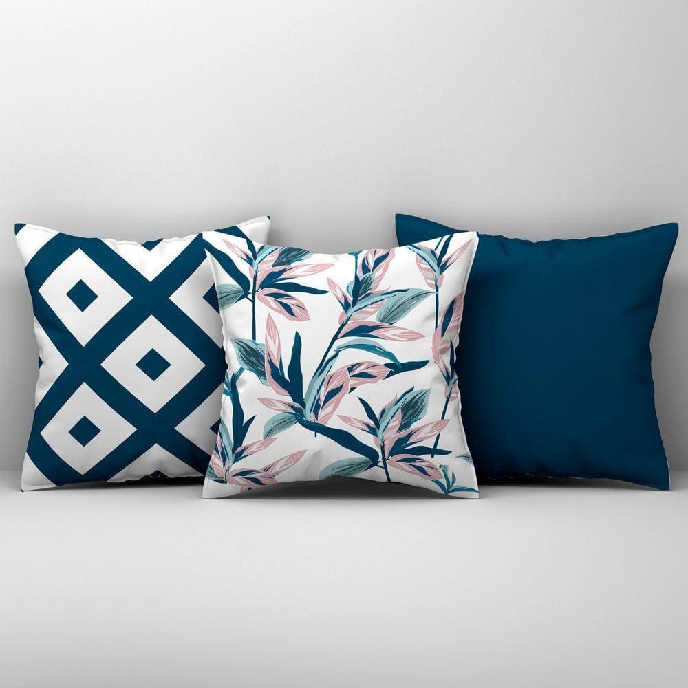 Kit Trio Capas De Almofadas Estampadas Em Veludo Suede 45cm X 45cm - Decoração Para Sala Cor Azul