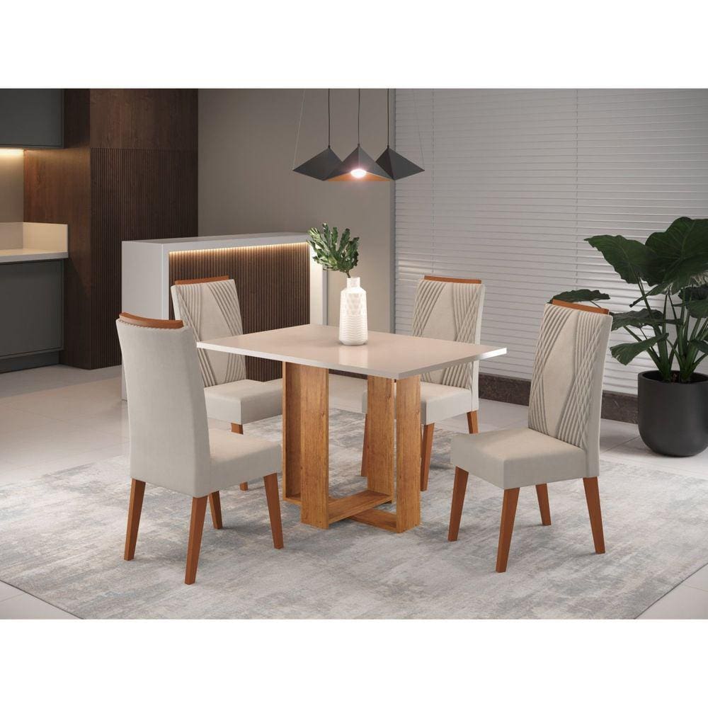 Mesa de Jantar Retangular Dinamarca com 4 Cadeiras Vegas Mel/Blonde/Marfim