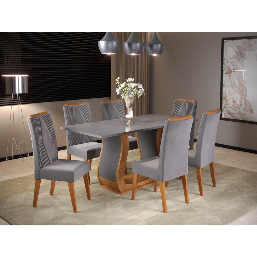 Mesa de Jantar Retangular Vitalic com 6 Cadeiras Vegas Mel/Cinza Brilho/Grafite
