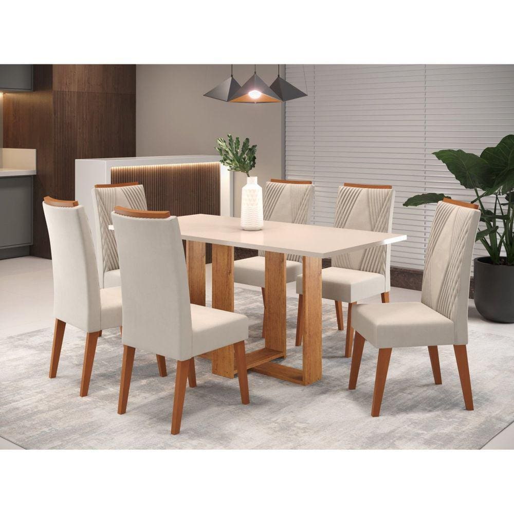 Mesa de Jantar Retangular Kavic com 6 Cadeiras Vegas Mel/Blonde/Marfim