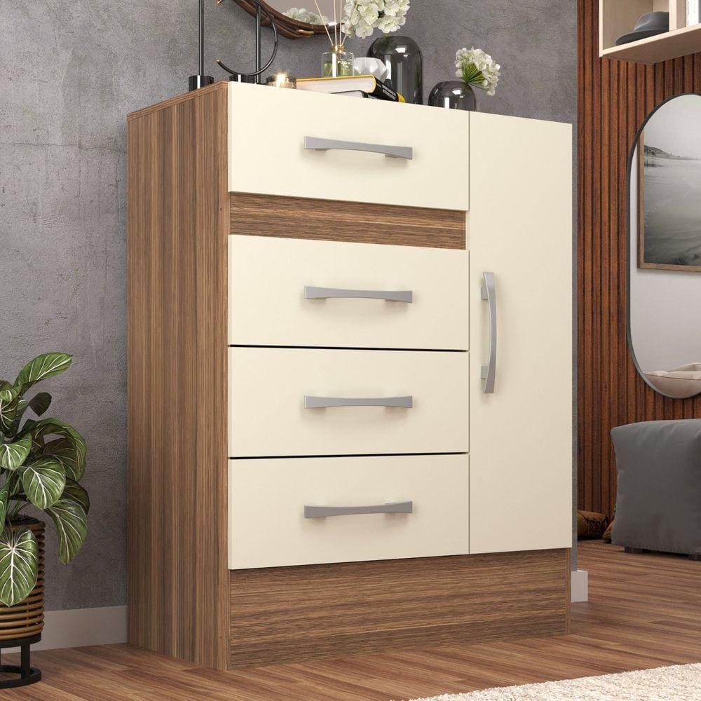 Cômoda Sapateira Grande 4 Gavetas 1 Porta Castanho/OffWhite