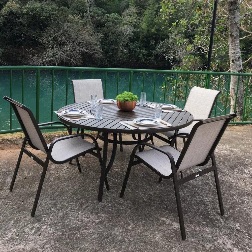 Conjunto Mesa Redonda 150cm com Giratória Central Porto Rico e 4 Poltronas com Tela Cannes Portinaty Café