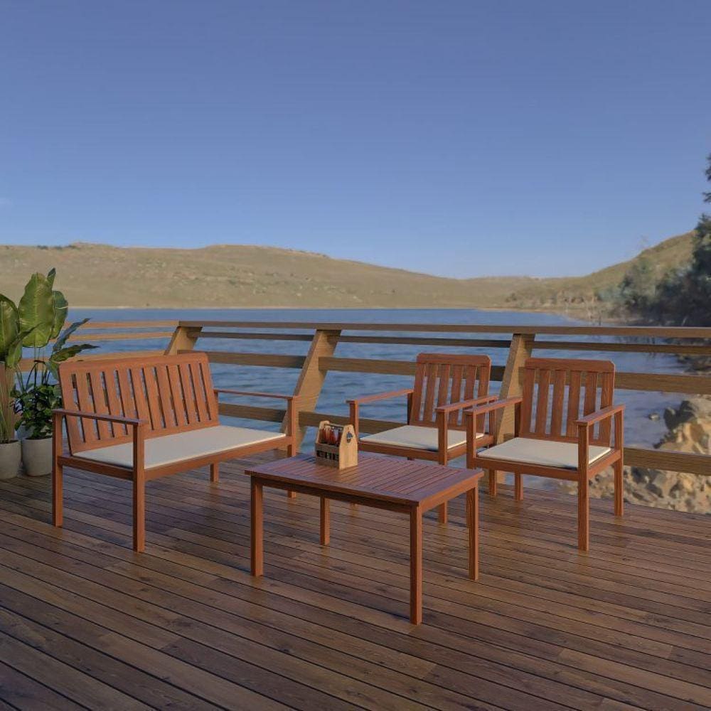 Conjunto para Jardim com Mesa Lateral, 2 Poltronas e Banco em Madeira Maciça Havelock Cedro Rosa Madeira