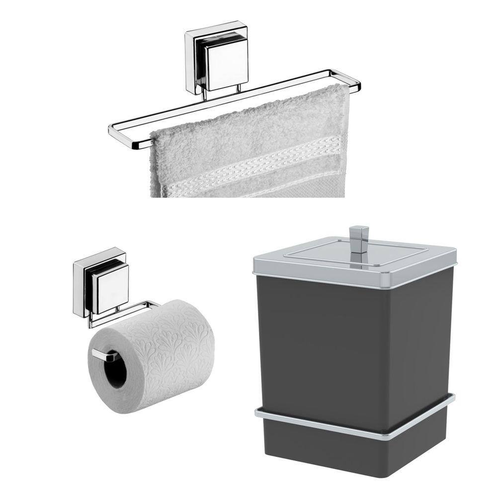 Kit Porta Papel Higiênico Toalheiro 25cm Lixeira 6,5L Com Suporte Ventosa Preto Cromado - Future