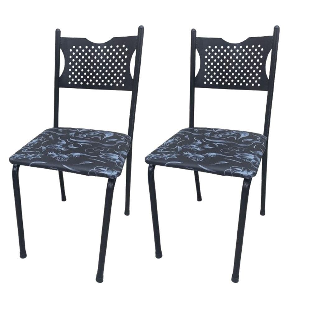 Kit 2 Cadeira para Cozinha MC Tubular Almofadada Estrutura Preta com Assento Floral