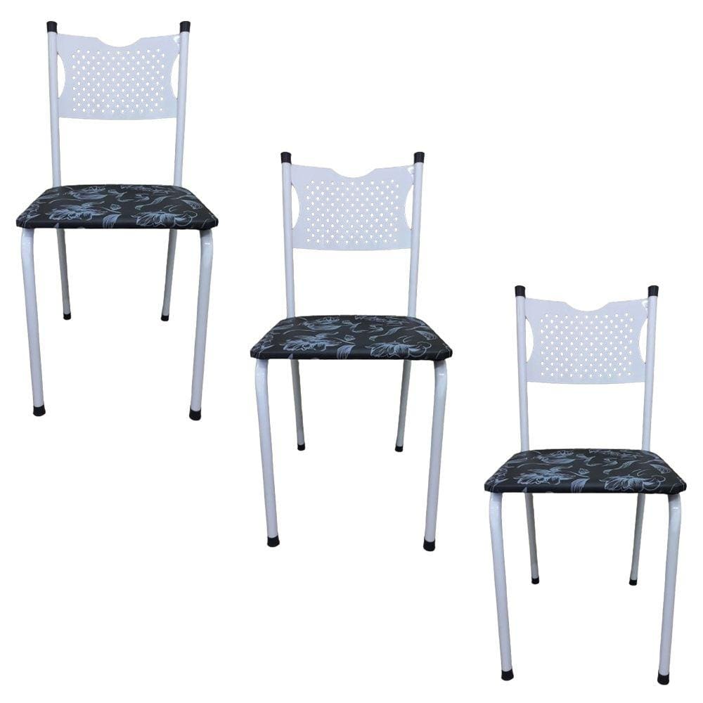 Kit 3 Cadeira para Cozinha MC Tubular Almofadada Estrutura Branca com Assento Floral