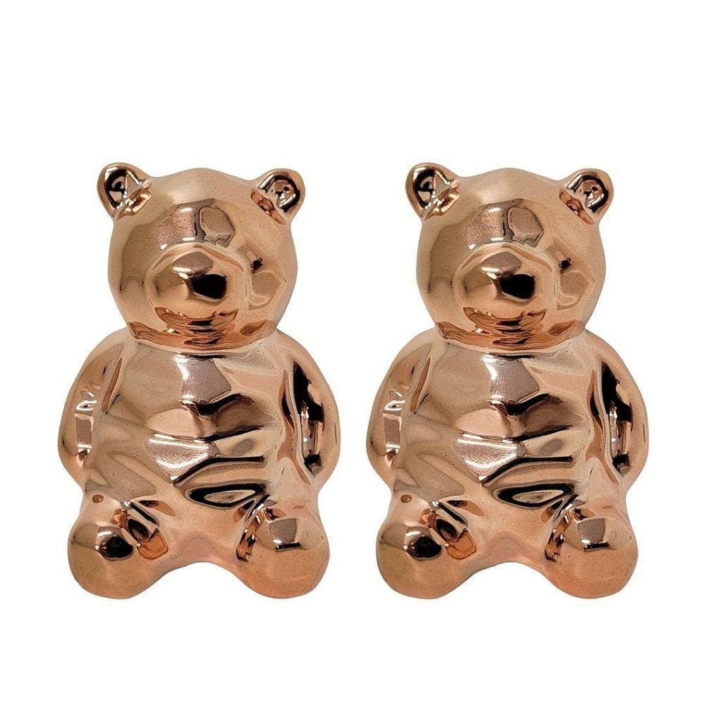 Kit 2 Enfeites Urso Decorativo Porcelana Rosê Gold Lapidado 8cm - Lívon