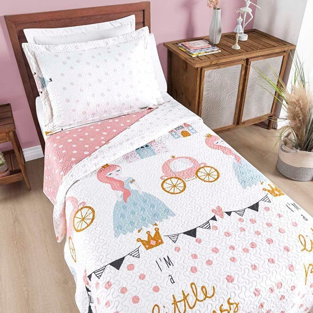 Kit Cobre Leito Colcha Carrosel Infantil Solteiro 2 Peças Microfibra Dupla Face - Princesa Princess
