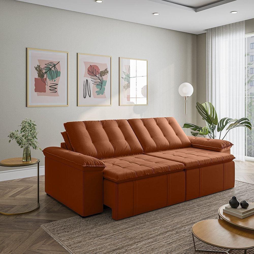 Sofá Cama Retrátil e Reclinável 4 Lugares 280cm em Veludo com Molas Palmeira Cabecasa Madeiramadeira Terracota