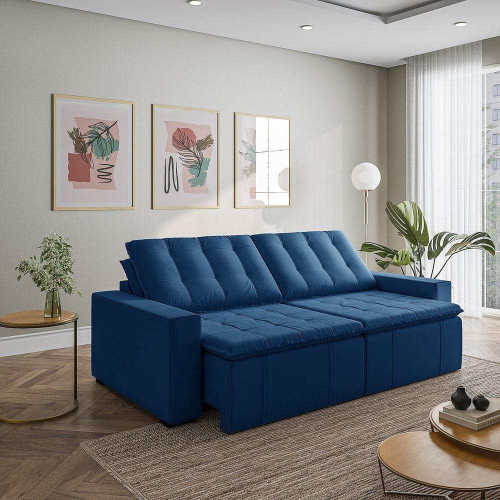 Sofá Cama Retrátil e Reclinável 4 Lugares 280cm em Veludo com Molas e Braço Reto Palmeira Cabecasa M Azul
