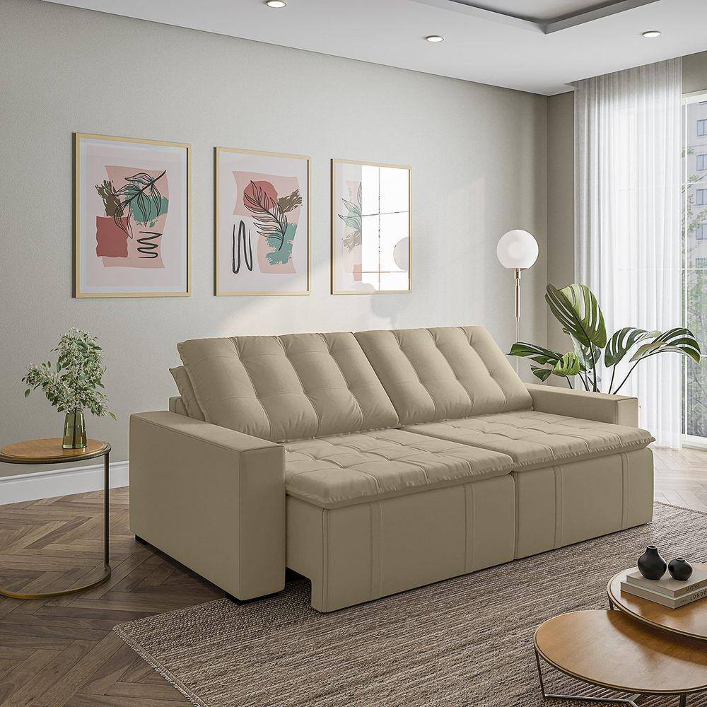 Sofá Cama Retrátil e Reclinável 4 Lugares 280cm em Veludo com Molas e Braço Reto Palmeira Cabecasa M Bege