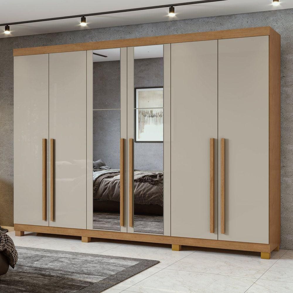 Guarda-Roupa 6 Portas 4 Gavetas Bertha com espelho e com Pés Amêndoa Clean/Off White
