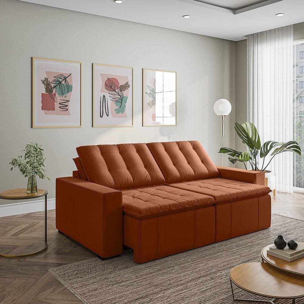 Sofá Cama Retrátil e Reclinável 3 Lugares 260cm em Veludo com Molas e Braço Reto Palmeira Cabecasa M Terracota