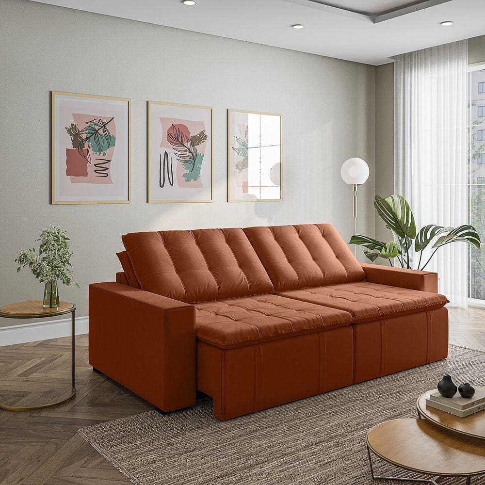 Sofá Cama Retrátil e Reclinável 4 Lugares 280cm em Veludo com Molas e Braço Reto Palmeira Cabecasa M Terracota