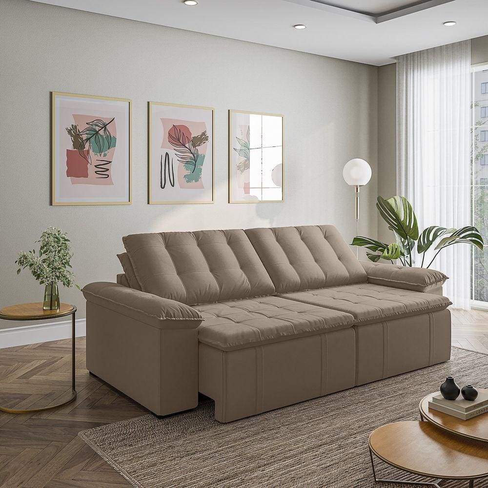 Sofá Cama Retrátil e Reclinável 4 Lugares 280cm em Veludo com Molas Palmeira Cabecasa Madeiramadeira Castor