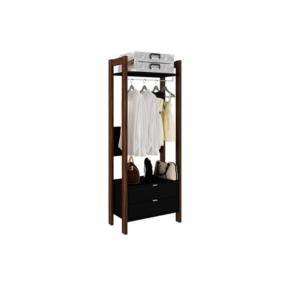 Guarda Roupa Closet de Quarto AZ1011 c/ 2 Gavetas e 1 Prateleira Preto/Nogal - Tecno Mobili