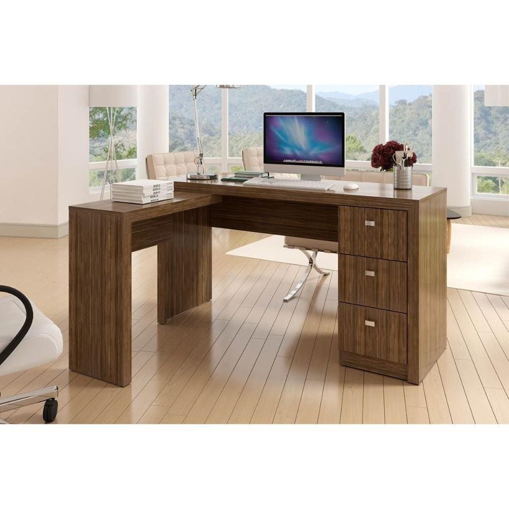 Mesa de Escritório Canto ME4101 c/ 3 Gavetas Nogal - Tecno Mobili