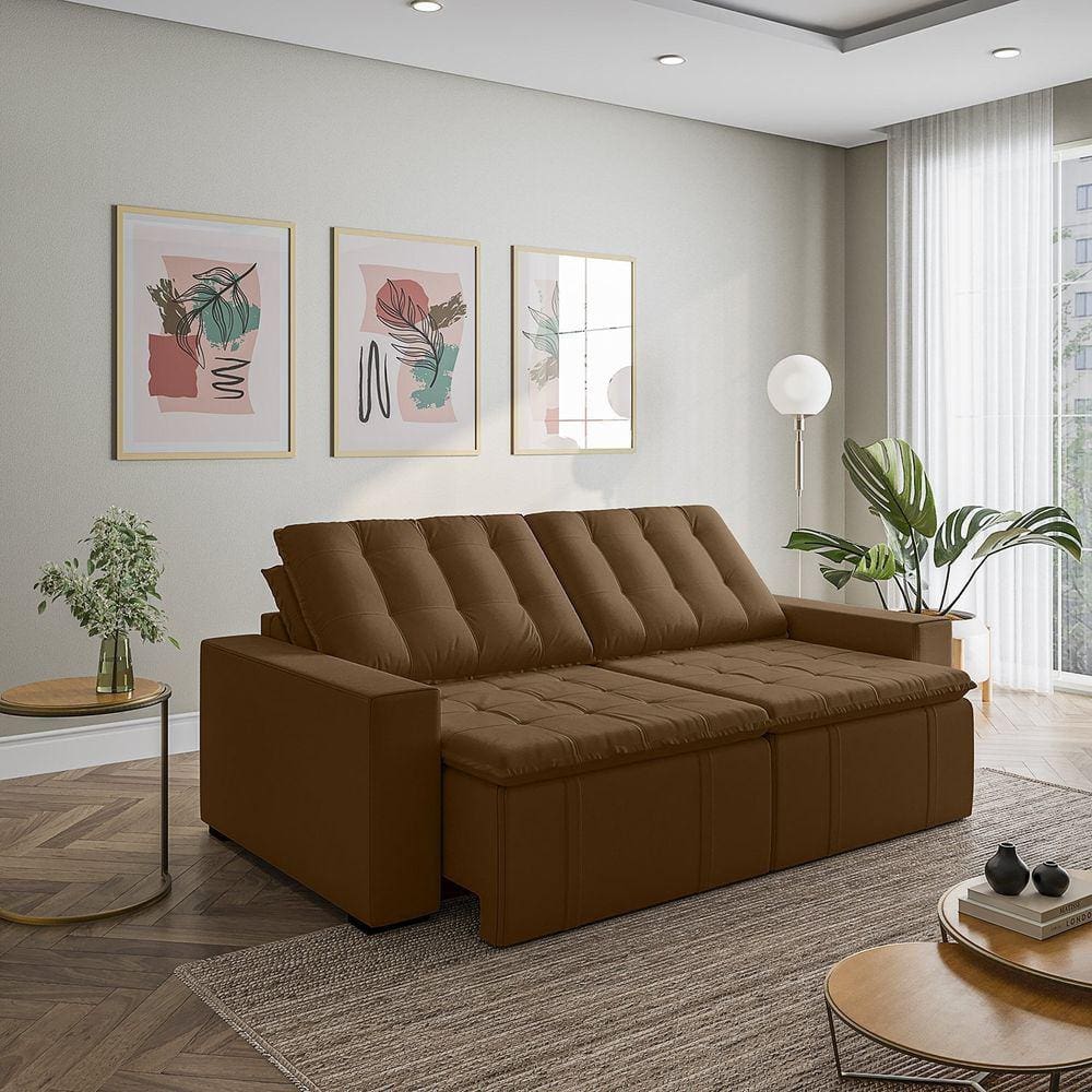 Sofá Cama Retrátil e Reclinável 3 Lugares 260cm em Veludo com Molas e Braço Reto Palmeira Cabecasa M Castor