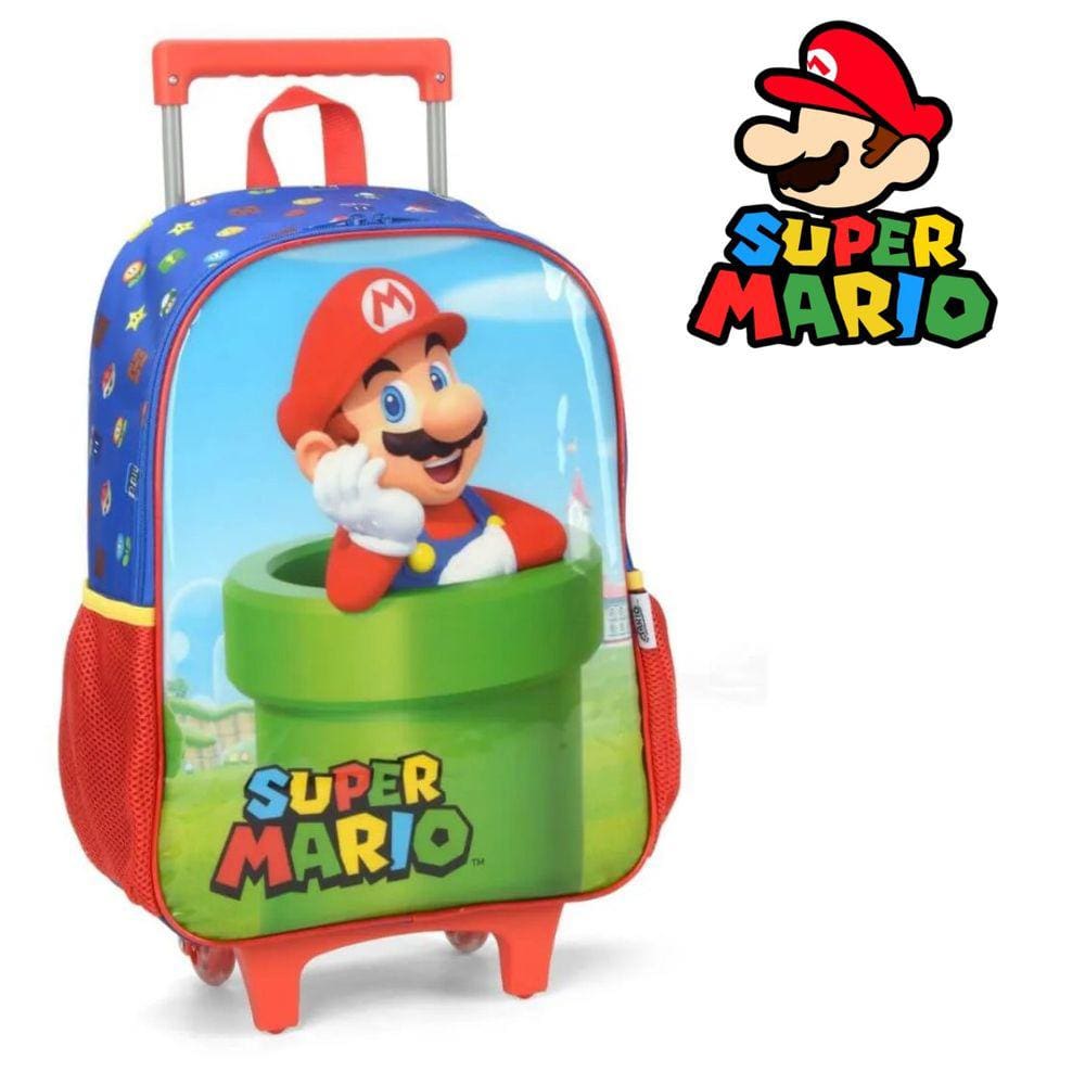 Mochila Vermelho Infantil Super Mario Bros Rodinha Escolar