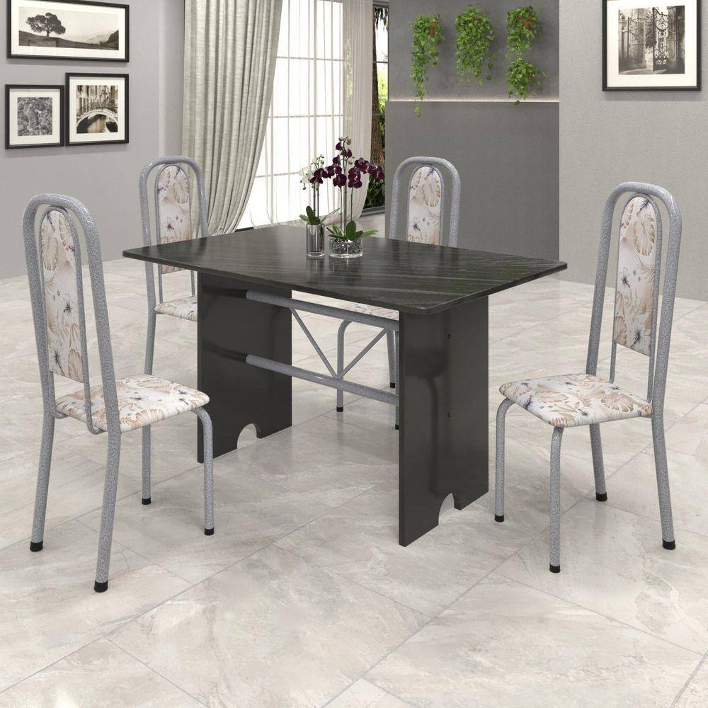 Conjunto de Mesa 120x75cm Tampo Ardósia com 4 Cadeiras Lavínea Soma Móveis Martelado Pérola/Botanic Bege