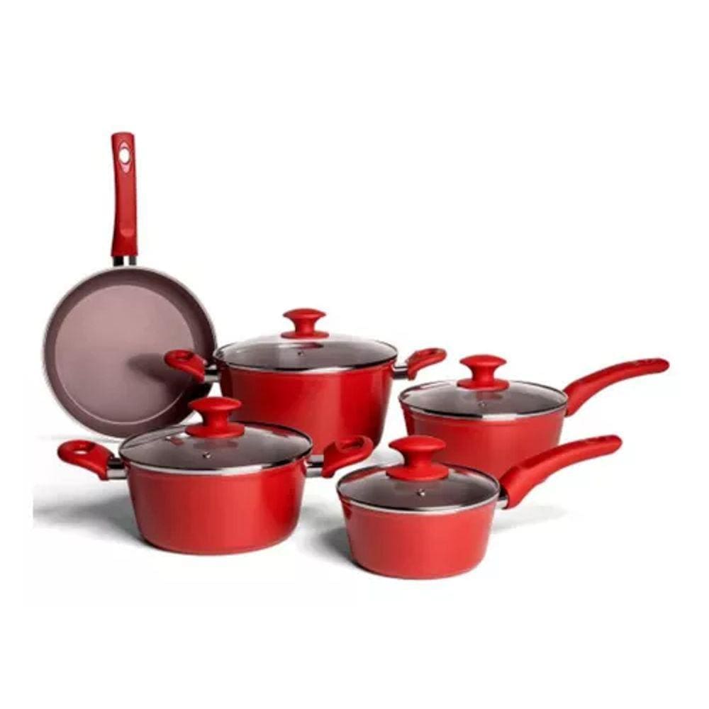 Conjunto de Panelas Brinox Optima 5 Peças Vanilla Cerâmica Life C/ Fundo Indução VERMELHA