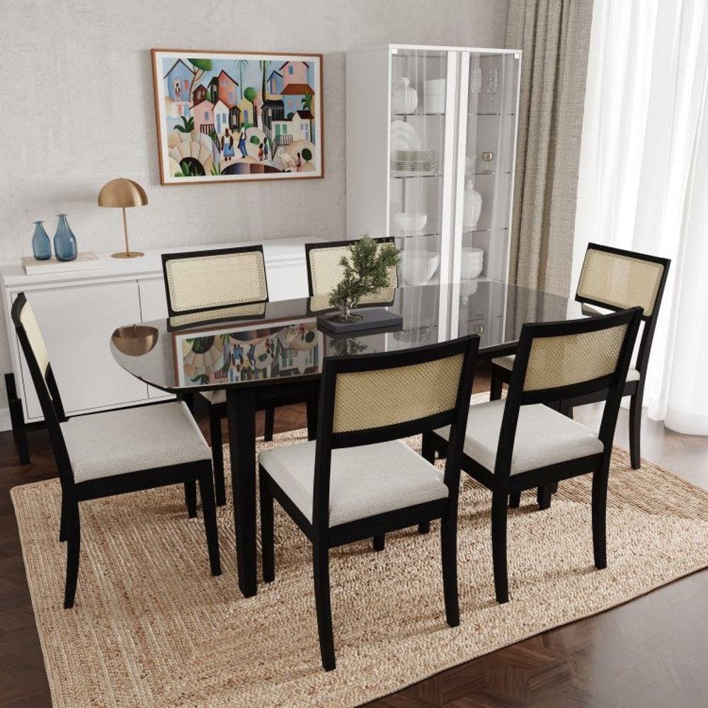 Conjunto Mesa de Jantar Tampo Vidro e MDF 1,80m e 6 Cadeiras Tiê CabeCasa MadeiraMadeira Preto/Bege Claro